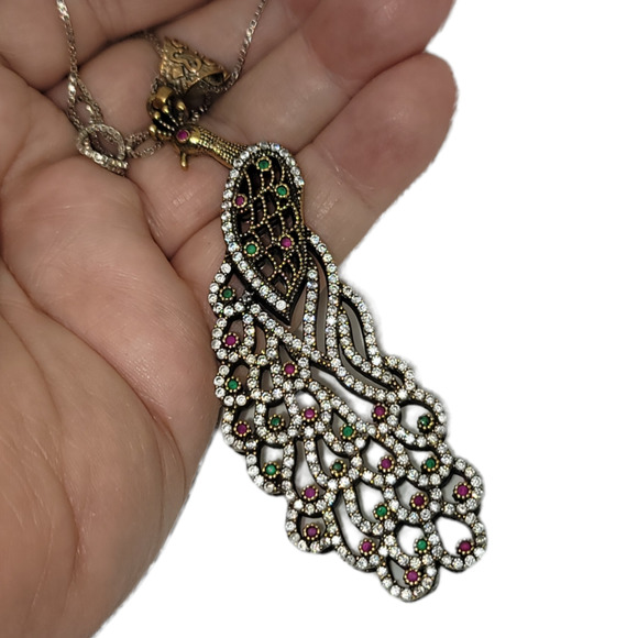 EMERALD RUBY ZIRCON PEACOCK PENDANT 925 18" - Picture 4 of 11